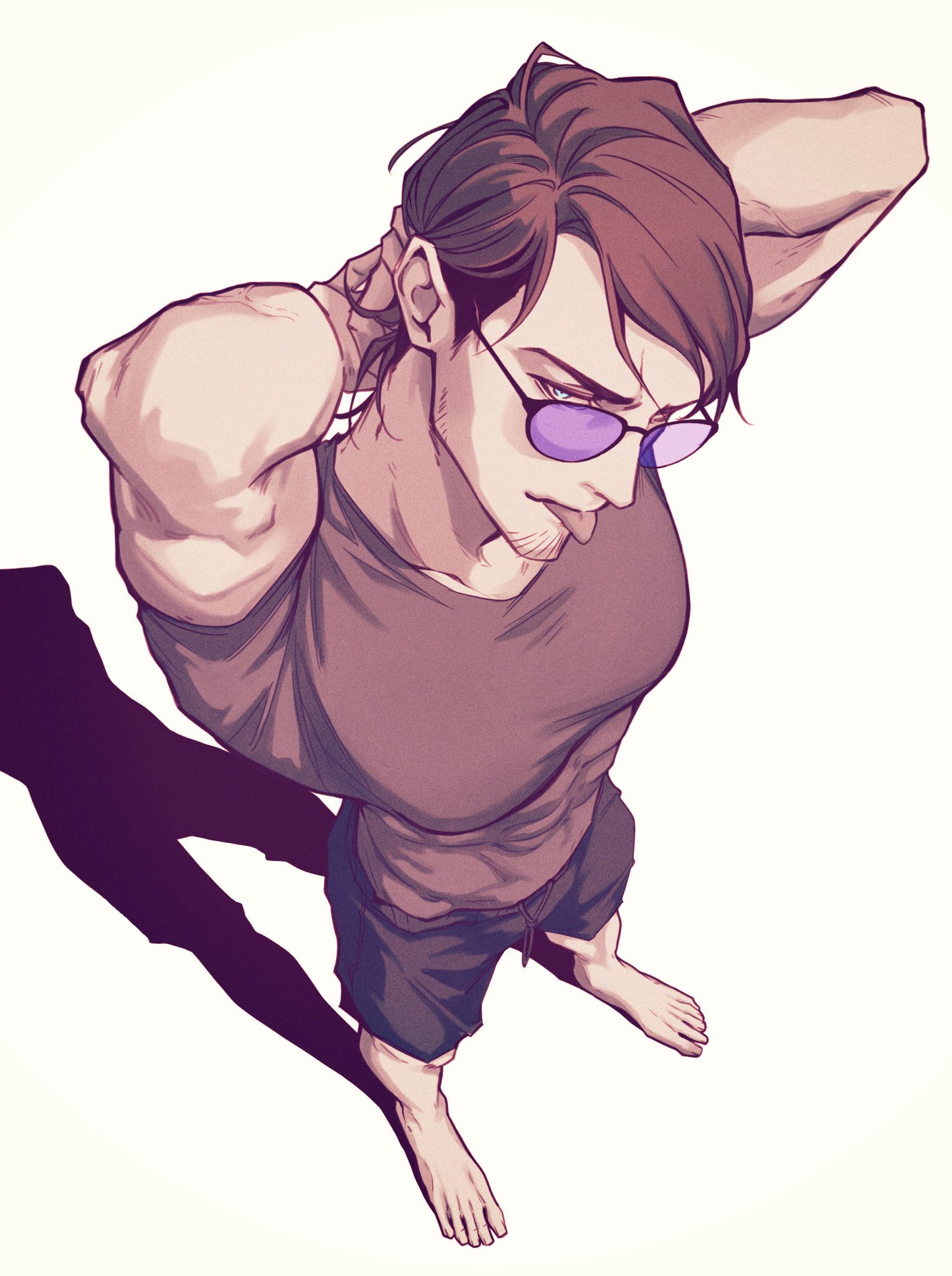 jean kirstein, shingeki no kyojin, highres, 1boy, arms behind head, arms up, barefoot, black shorts, blue eyes, brown hair, facial hair, goatee, grey shirt, looking to the side, male focus, namatya564, parted hair, purple-tinted eyewear, shirt, short sleeves, shorts, sideways glance, solo, standing, sunglasses, t-shirt, tinted eyewear, tongue, tongue out