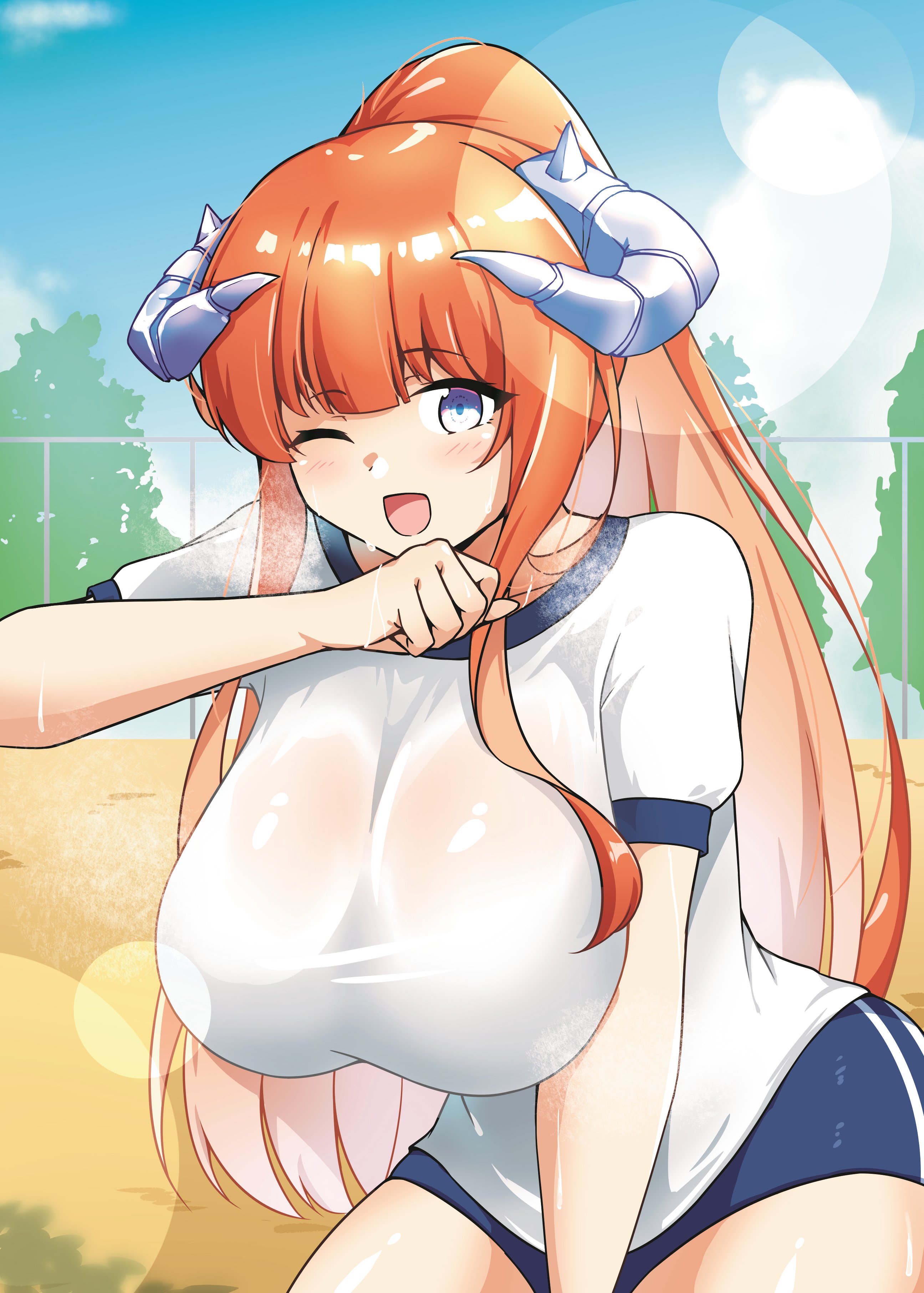 xibu cai, bagpipe (arknights), arknights, absurdres, commentary request, highres, 1girl, ;d, alternate costume, blue buruma, blue shorts, blush, breasts, buruma, cowboy shot, day, grey horns, gym uniform, heavy breathing, horns, large breasts, lens flare, long hair, looking at viewer, multicolored eyes, one eye closed, open mouth, orange hair, outdoors, purple eyes, purple horns, shirt, short shorts, short sleeves, shorts, smile, solo, sweat, t-shirt, two-tone eyes, white eyes, white shirt