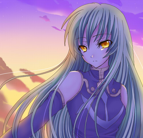 maria (m-twi), c.c., code geass, lowres, 00s, cloud, green hair, long hair, sky, solo, yellow eyes