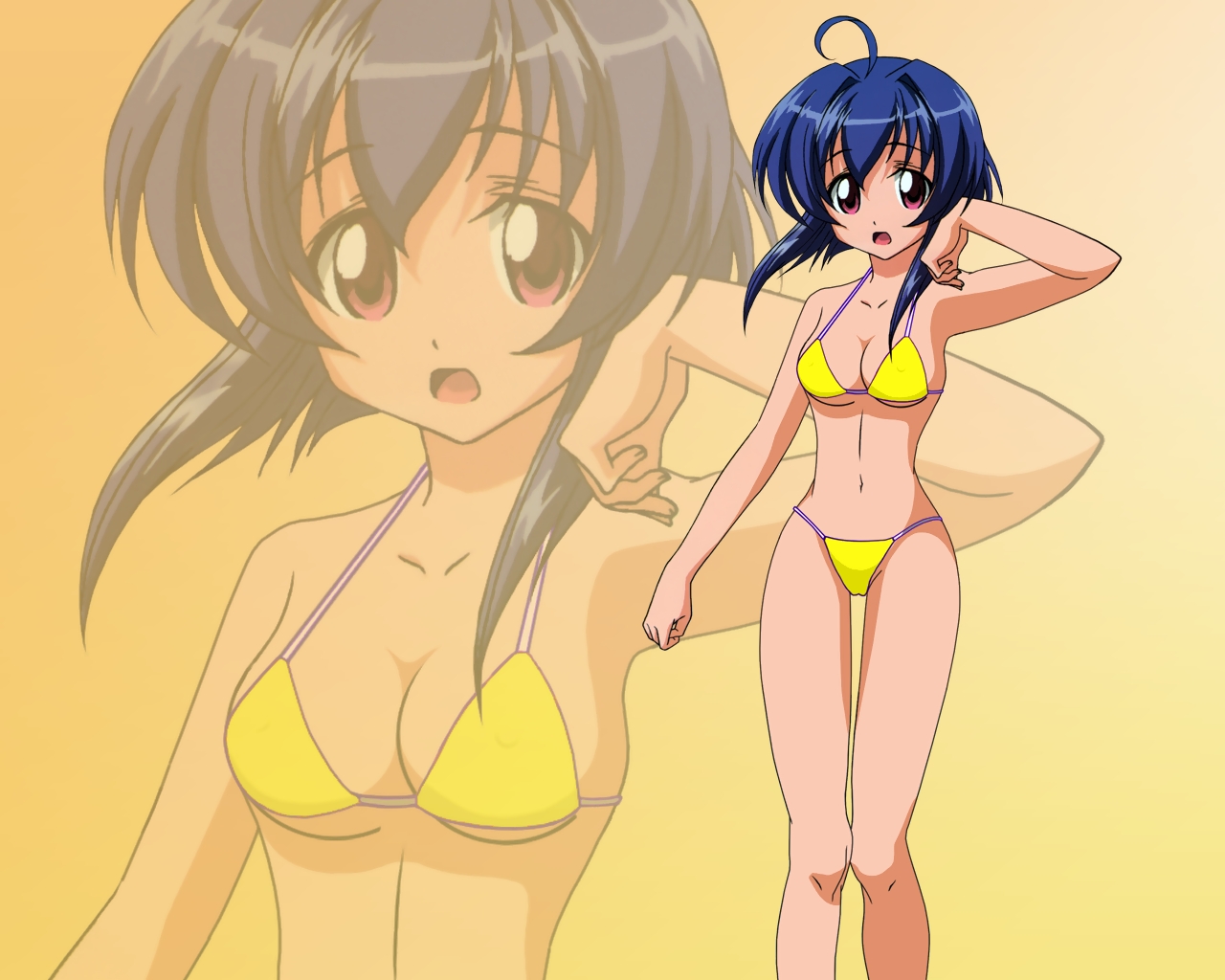 miyazaki nodoka, mahou sensei negima!, third-party edit, 00s, ahoge, bikini, blue hair, pink eyes, solo, swimsuit, yellow bikini, zoom layer