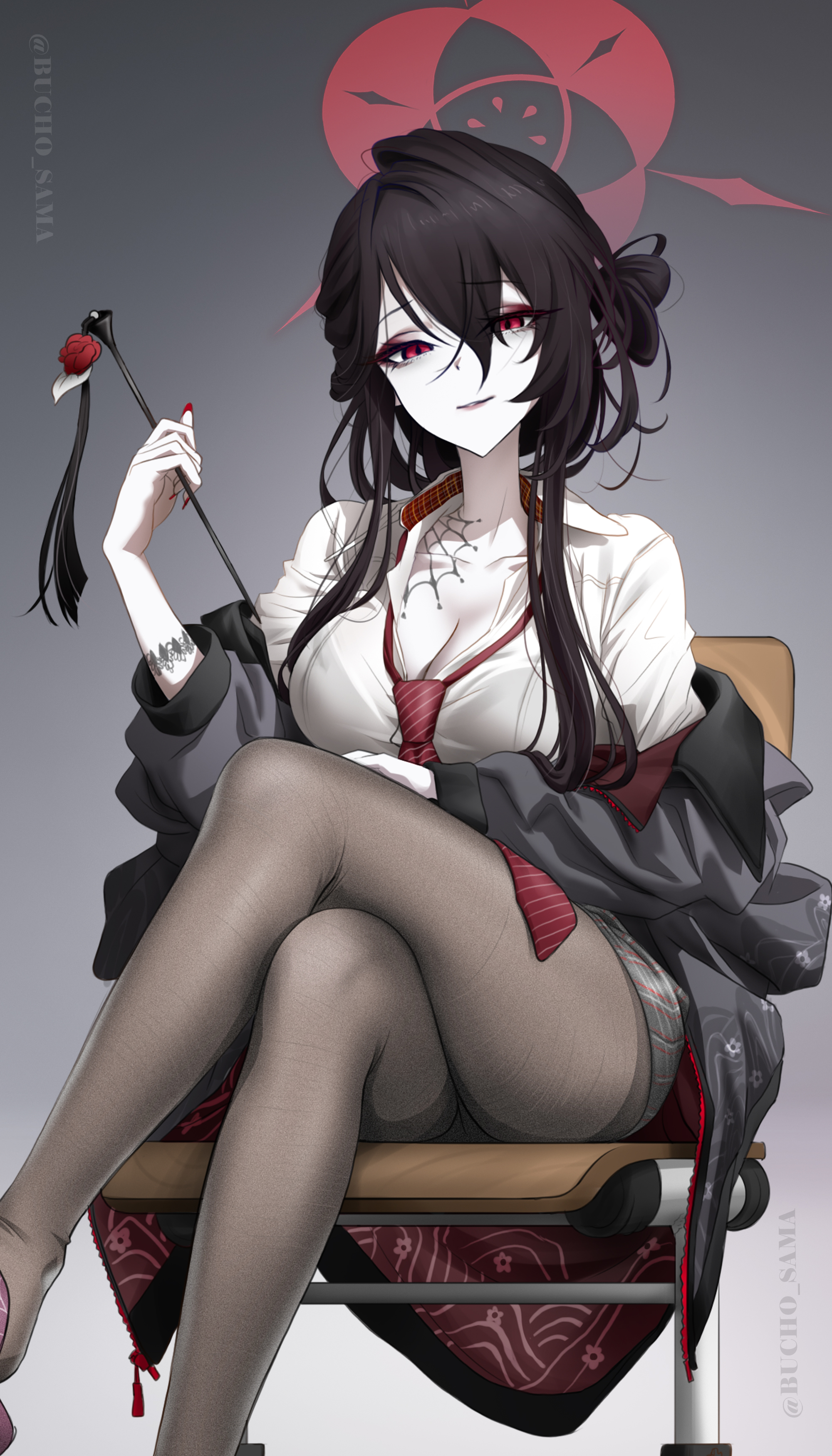 bucho sama, kokuriko (blue archive), blue archive, absurdres, highres, 1girl, black hair, black pantyhose, breasts, collared shirt, crossed legs, eyeliner, flip-flops, hair between eyes, hair ornament, hair stick, halo, large breasts, looking at viewer, loose necktie, makeup, necktie, pale skin, pantyhose, red eyeliner, red eyes, red halo, red lips, red necktie, sandals, school uniform, shirt, sitting, solo, spider web pattern, thighs, white shirt