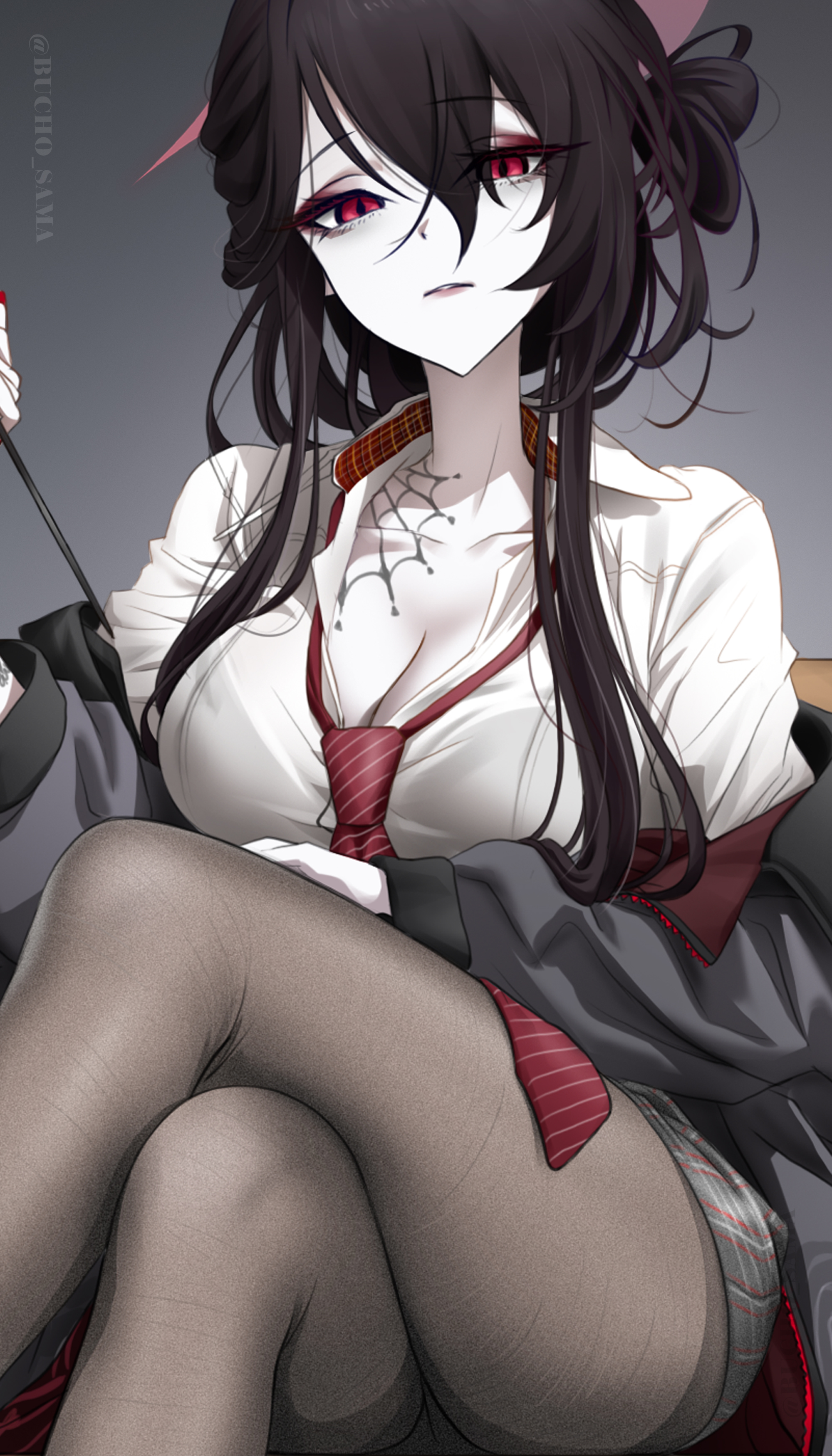 bucho sama, kokuriko (blue archive), blue archive, absurdres, highres, 1girl, black hair, black pantyhose, breasts, collared shirt, crossed legs, eyeliner, flip-flops, hair between eyes, hair ornament, hair stick, halo, large breasts, looking at viewer, loose necktie, makeup, necktie, pale skin, pantyhose, red eyeliner, red eyes, red halo, red lips, red necktie, sandals, school uniform, shirt, sitting, solo, spider web pattern, thighs, white shirt