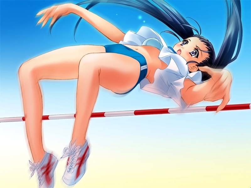 carnelian, mizuno minori, touka gettan, 00s, 1girl, blue eyes, blue hair, bra, buruma, female focus, gym uniform, high jump, lingerie, long hair, matching hair/eyes, navel, solo, track and field, twintails, underwear, upshirt
