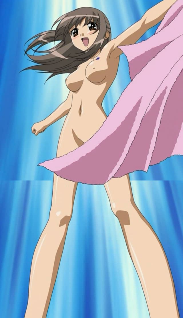 yagami natsumi, love love?, stitched, third-party edit, 00s, 1girl, breasts, brown eyes, brown hair, female focus, long hair, nipples, nude, open mouth, solo, standing, towel