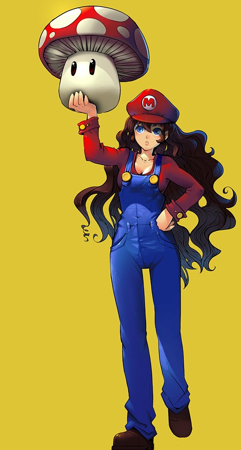 adiyos, mario, mario (series), nintendo, super mario bros. 1, gender request, 1girl, blue eyes, brown hair, brown shoes, female focus, genderswap, hat, mushroom, overalls, shoes, solo, super mushroom