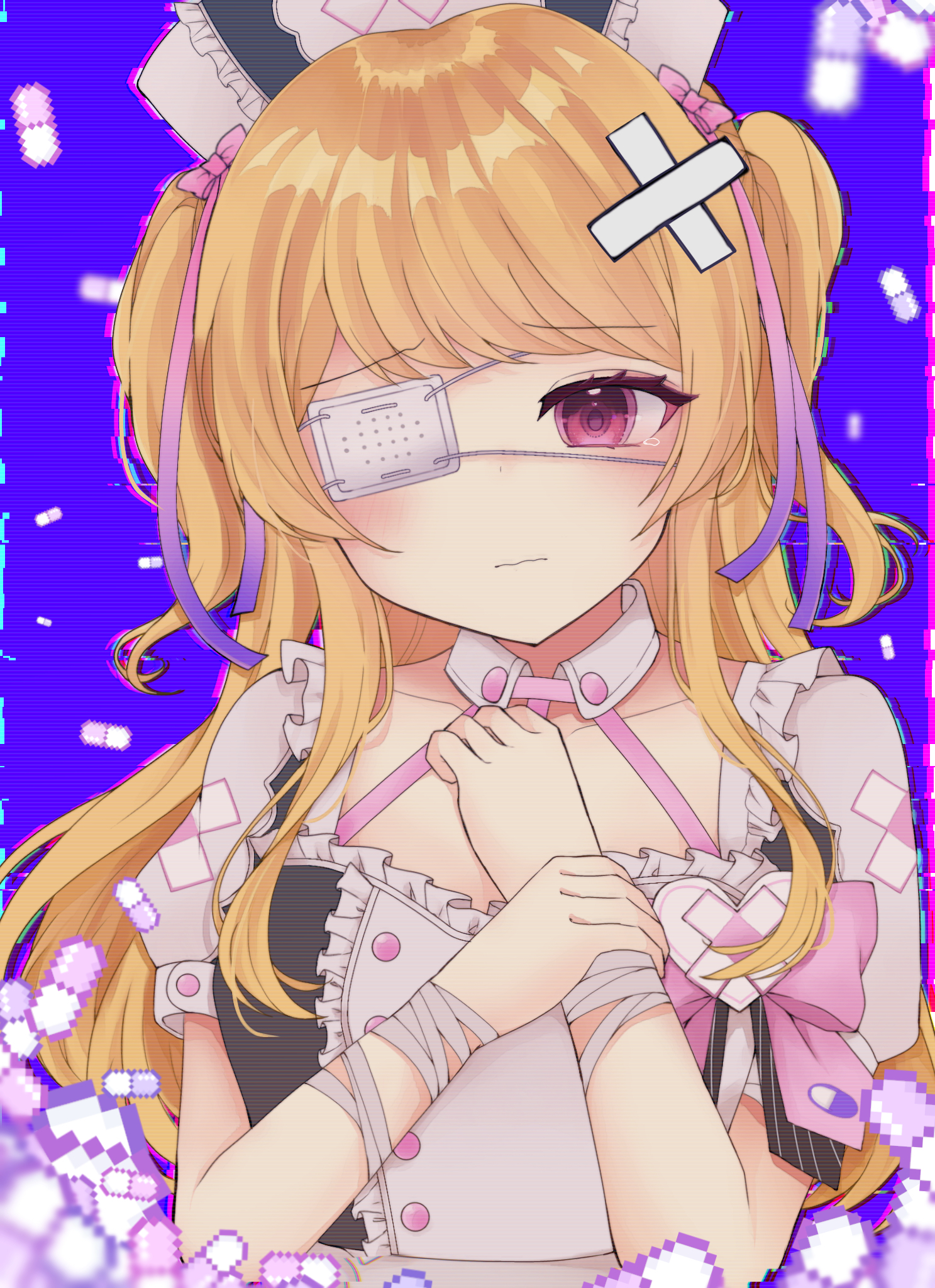 aimoto rinku, d4dj, highres, 1girl, bandaged arm, bandages, blonde hair, bow, collared dress, detached collar, dress, eyepatch, frilled dress, frills, hair ornament, hat, holding own wrist, loose bandages, nurse cap, one eye covered, pill, pink bow, pink eyes, pixel art inset, puffy short sleeves, puffy sleeves, short sleeves, solo, swept bangs, tearing up, two side up, upper body, user vykj3845, wavy mouth, x hair ornament, yami kawaii