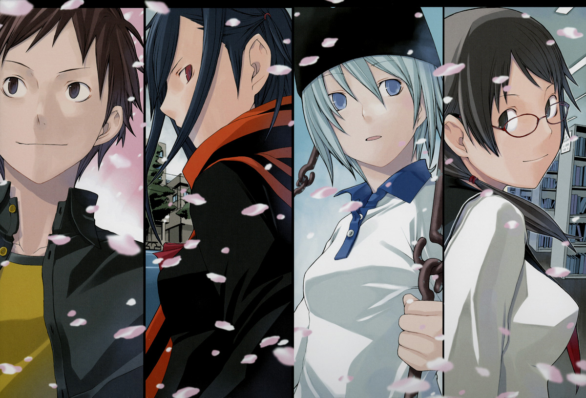 yasuda suzuhito, hiizumi akina, isone kotoha, nanami ao, yarizakura hime, yozakura quartet, official art, 1boy, 3girls, black hair, blue eyes, blue hair, breasts, brown eyes, brown hair, cherry blossoms, glasses, hat, long hair, medium breasts, multiple girls, red eyes, scarf, school uniform, serafuku
