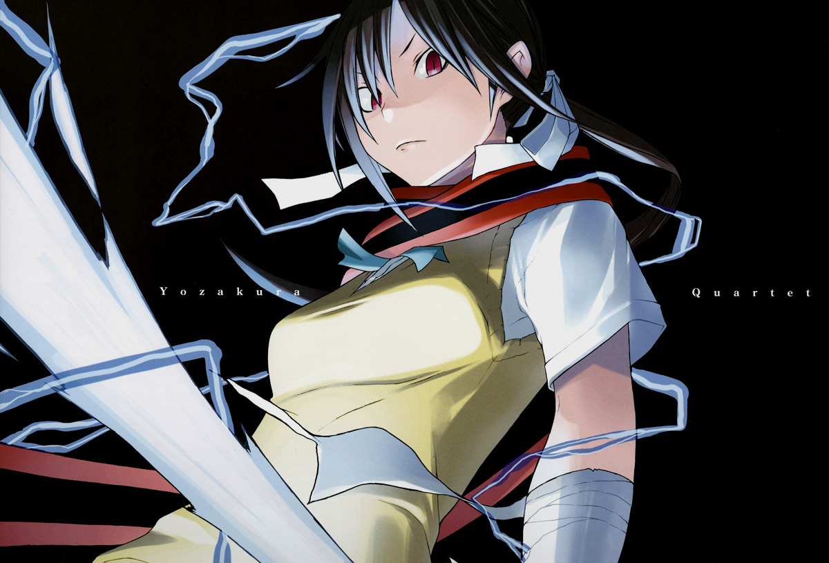 yasuda suzuhito, yarizakura hime, yozakura quartet, official art, bandages, black hair, lightning, long hair, red eyes, ribbon, scarf, school uniform, serafuku, solo