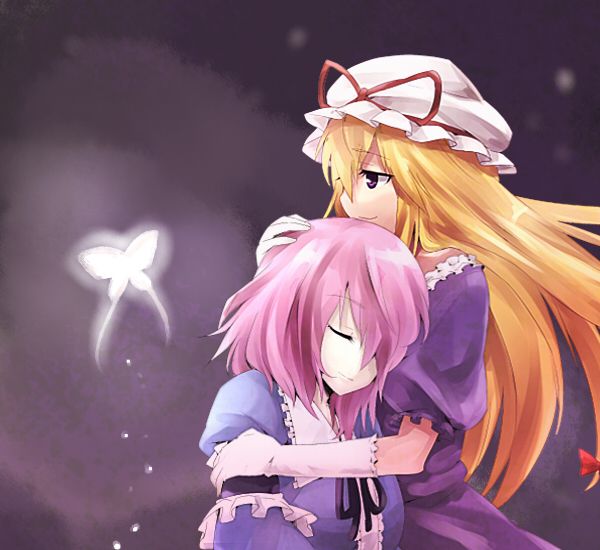 kiji (manekinuko-tei), saigyouji yuyuko, yakumo yukari, touhou, 2girls, blonde hair, bug, butterfly, closed eyes, couple, female focus, gloves, hand on another's head, hug, insect, multiple girls, pink hair, purple eyes, sleeping, yuri