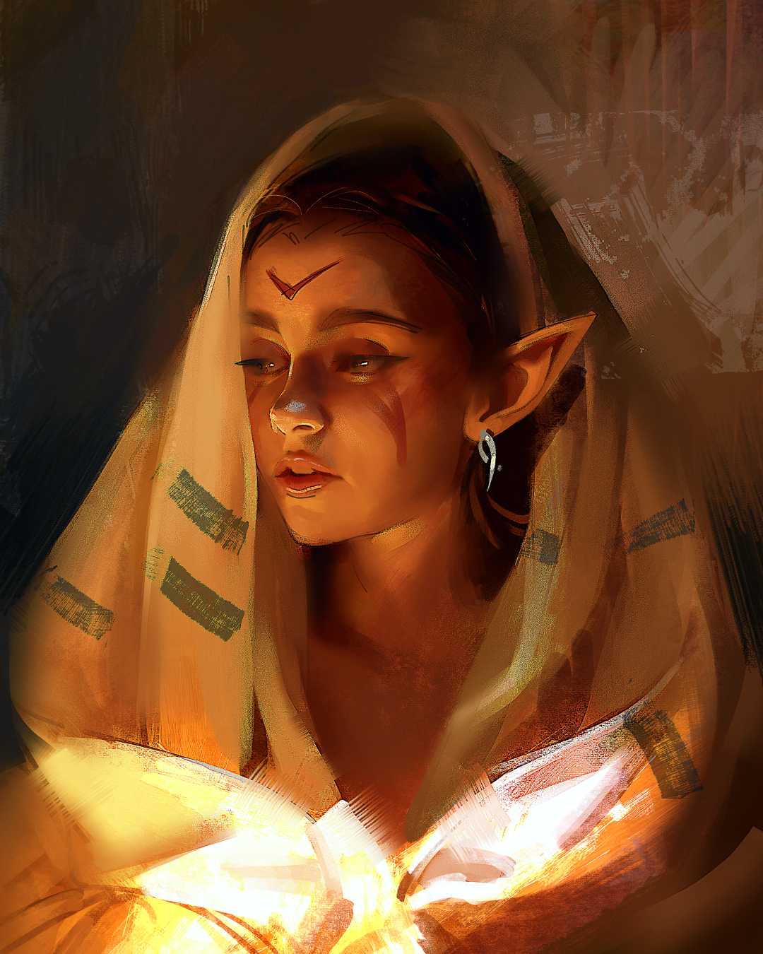 sebijy, original, commentary, english commentary, highres, 1girl, brown hair, earrings, elf, facepaint, jewelry, long hair, long pointy ears, painterly, pointy ears, solo