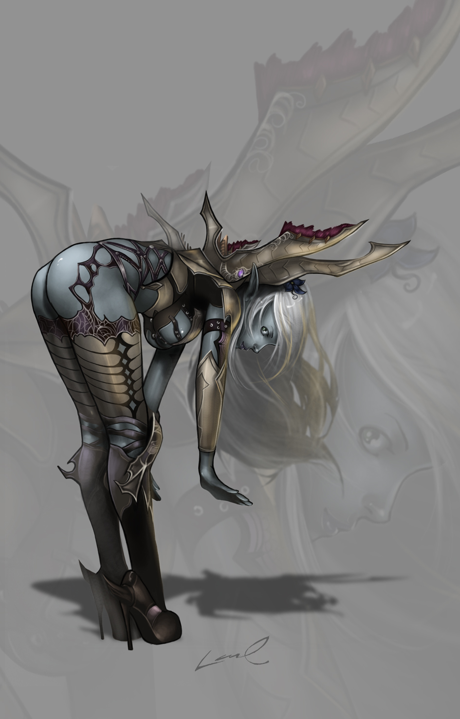 laura sardinha, dark elf (lineage 2), lineage, lineage 2, silver hair, highres, 1girl, armor, ass, bent over, blue skin, breasts, colored skin, dark elf, elf, female focus, green eyes, hair ornament, hairpin, high heels, large breasts, leaning, pointy ears, shoes, signature, smile, solo, strap, underboob, wings