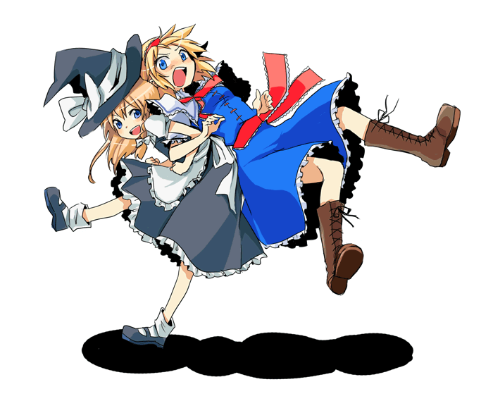 miya (tsumazukanai), alice margatroid, kirisame marisa, touhou, 2girls, back-to-back, blonde hair, blue eyes, boots, female focus, hairband, hat, holding hands, multiple girls, ribbon, witch, witch hat