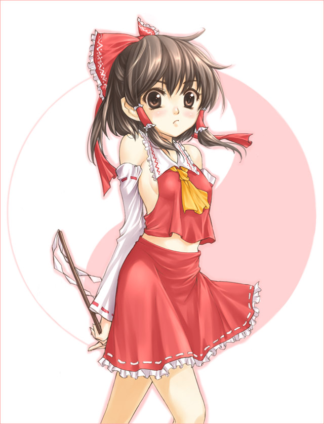 kanda aya, hakurei reimu, touhou, 1girl, arms behind back, black hair, breasts, brown eyes, detached sleeves, female focus, japanese clothes, miko, sideboob, small breasts, solo