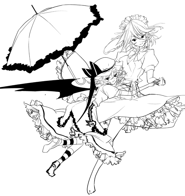 shizumi satou, siskin, izayoi sakuya, remilia scarlet, touhou, striped legwear, 2girls, barefoot, bat wings, female focus, greyscale, holding hands, monochrome, multiple girls, parasol, sketch, socks, striped clothes, striped socks, umbrella, wings