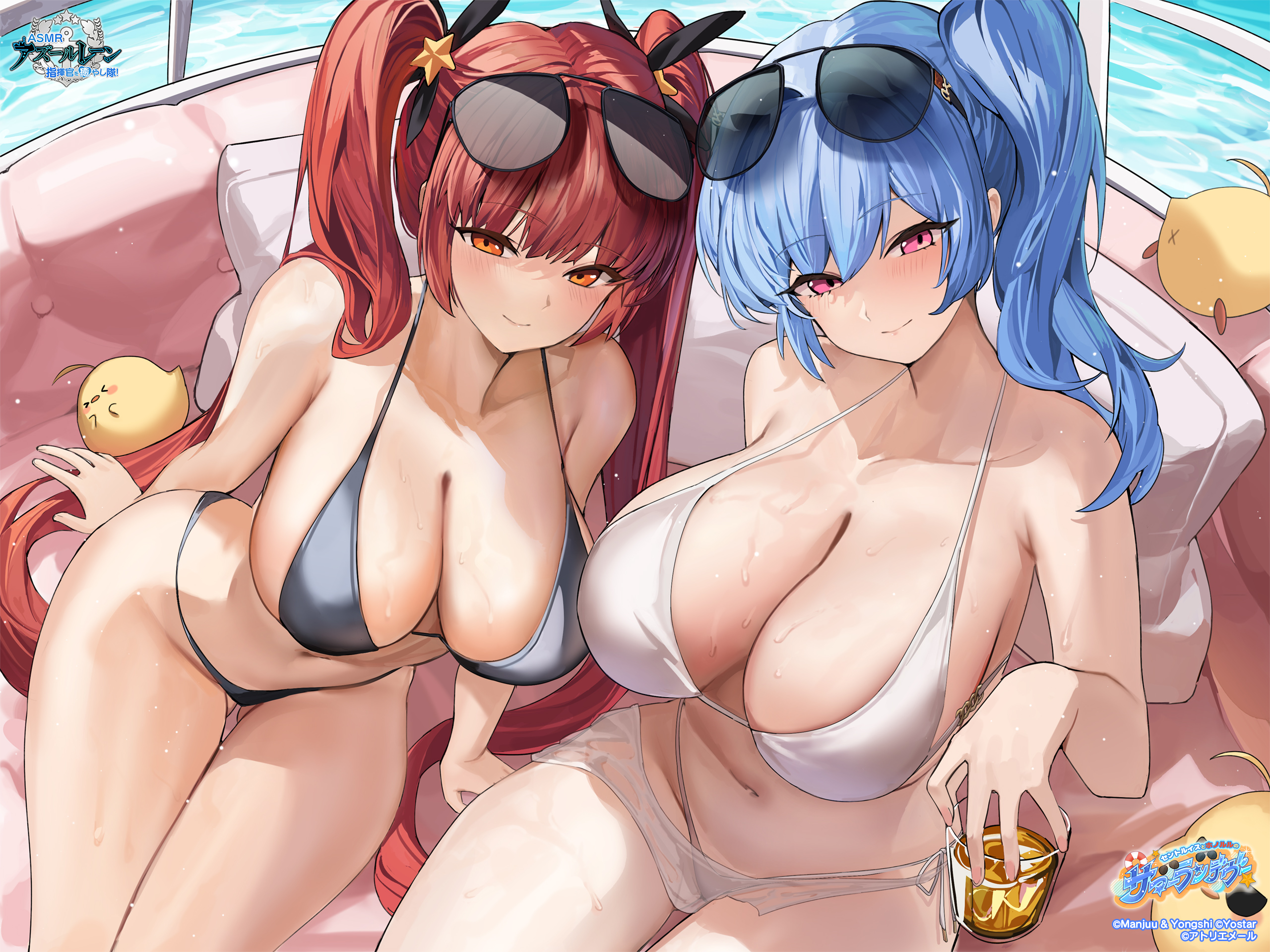mendou kusai, honolulu (azur lane), manjuu (azur lane), st. louis (azur lane), azur lane, highres, official art, > <, 2girls, alcohol, aviator sunglasses, baby animal, bare arms, bare shoulders, bikini, bird, black bikini, black ribbon, blue hair, blush, breasts, chick, cleavage, closed mouth, collarbone, copyright name, couch, cup, drink, drinking glass, eyewear on head, from above, gluteal fold, hair between eyes, hair ornament, hair ribbon, halterneck, holding, holding cup, huge breasts, ice, ice cube, large breasts, logo, long hair, looking at viewer, multiple girls, navel, on couch, orange eyes, pillow, pool, purple eyes, red hair, ribbon, side-tie bikini bottom, side ponytail, sideboob, sidelocks, sitting, smile, star (symbol), star hair ornament, stomach, string bikini, sunglasses, swimsuit, thigh gap, thighs, twintails, very long hair, water, wet, white bikini