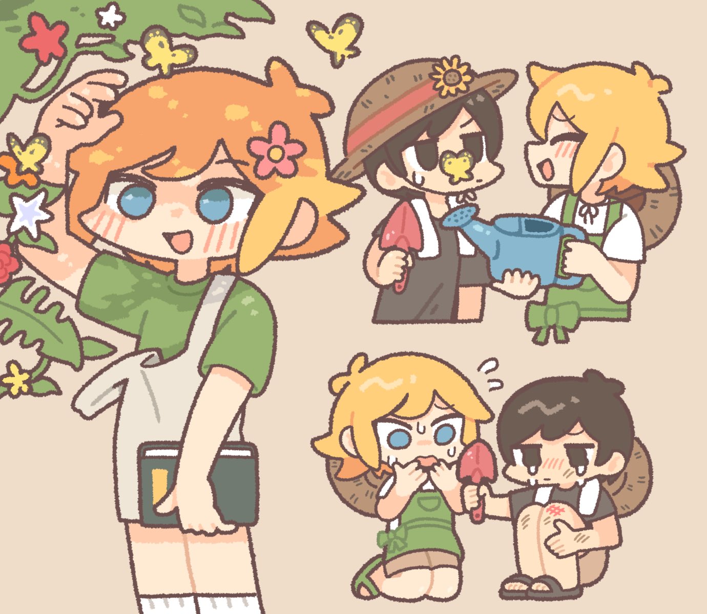 nikudango, basil (faraway) (omori), basil (omori), sunny (omori), omori, highres, 2boys, alternate costume, antenna hair, apron, arm up, black shirt, blonde hair, blue eyes, blush, book, bug, butterfly, butterfly on nose, chibi, chibi only, closed eyes, double-parted bangs, flower, flying sweatdrops, green apron, green shirt, grey background, grey overalls, hair flower, hair ornament, hat, holding, holding book, holding trowel, holding watering can, insect, kneeling, looking at another, male focus, multiple boys, open mouth, overall shorts, overalls, shirt, short hair, simple background, smile, socks, squatting, sun hat, sweat, sweatdrop, t-shirt, towel, towel around neck, watering can, white socks