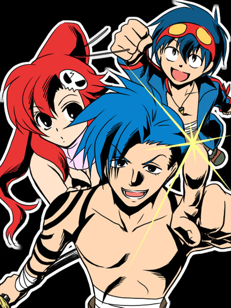 einfach, kamina (ttgl), simon (ttgl), yoko littner, tengen toppa gurren lagann, 00s, 1girl, 2boys, :d, bandages, bare shoulders, bikini, bikini top only, blue hair, breasts, cleavage, clenched hands, collarbone, hair ornament, long hair, looking at viewer, multiple boys, open mouth, pointing, pointing at viewer, pointing up, ponytail, red eyes, skull hair ornament, smile, swimsuit, tareme, topless male