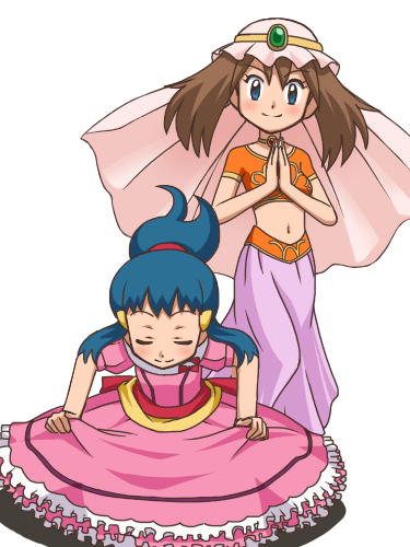 awa, dawn (pokemon), may (pokemon), nintendo, pokemon, pokemon (anime), pokemon contest, pokemon dp077, pokemon dppt (anime), lowres, 2girls, alternate costume, alternate hairstyle, alternate headwear, arabian clothes, blue eyes, blue hair, brown hair, closed eyes, collar, curtsey, dancer, dress, gold trim, green hair, harem pants, indian, indian clothes, jewelry, midiff, midriff, multiple girls, navel, official alternate costume, pants, ponytail, simple background, skirt hold, standing, veil, white background