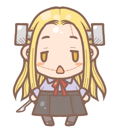 madaraki fran, franken fran, lowres, 1girl, blonde hair, bolt (hardware), chibi, electrodes, female focus, pantyhose, scalpel, scar, simple background, solo, stitches, yellow eyes