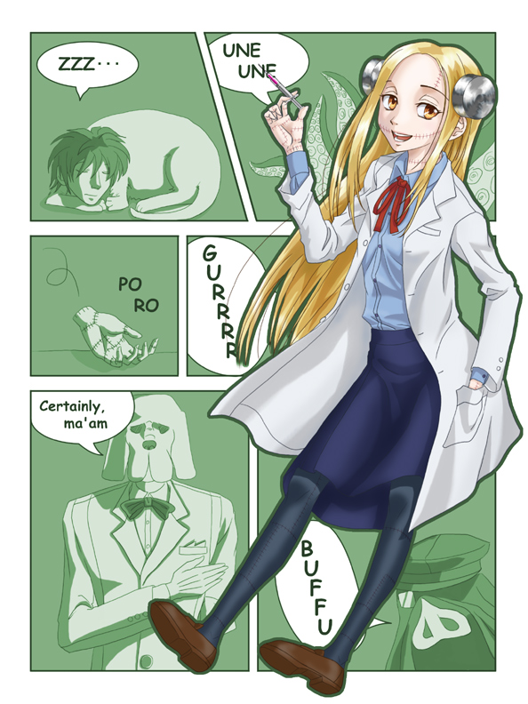 okita, fragon, howl, howl (franken fran), howl (frankenfran), madaraki fran, okita (franken fran), okita (frankenfran), franken fran, 1girl, blonde hair, bolt (hardware), dog, electrodes, english text, female focus, lab coat, medical, pantyhose, scar, science, stitches, switch, syringe, tentacles, yellow eyes