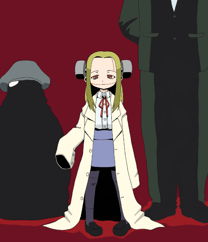 aab, aab ex, fragon, madaraki fran, franken fran, 1girl, blonde hair, bolt (hardware), child, electrodes, female focus, oversized clothes, pantyhose, red eyes, scar, size difference, solo, stitches