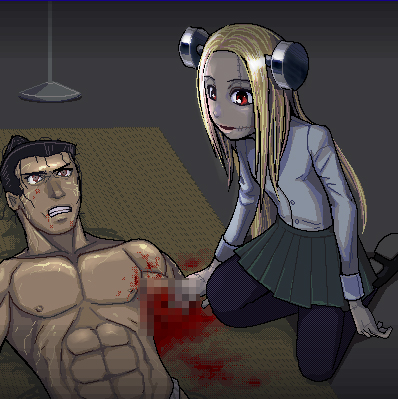 chuubatsu nagano, fujiki gennosuke, madaraki fran, franken fran, shigurui, aliasing, lowres, 1boy, 1girl, abs, amputee, black hair, black pantyhose, blonde hair, blood, bolt (hardware), breasts, censored, censored violence, clenched teeth, collared shirt, crossover, dress shirt, full body, glasgow smile, green skirt, guro, indoors, kneeling, long hair, lying, male focus, miniskirt, muscular, muscular male, object through head, on back, on floor, pantyhose, parted bangs, pleated skirt, red eyes, scar, screw in head, shirt, skirt, small breasts, stitches, teeth, very long hair, white shirt