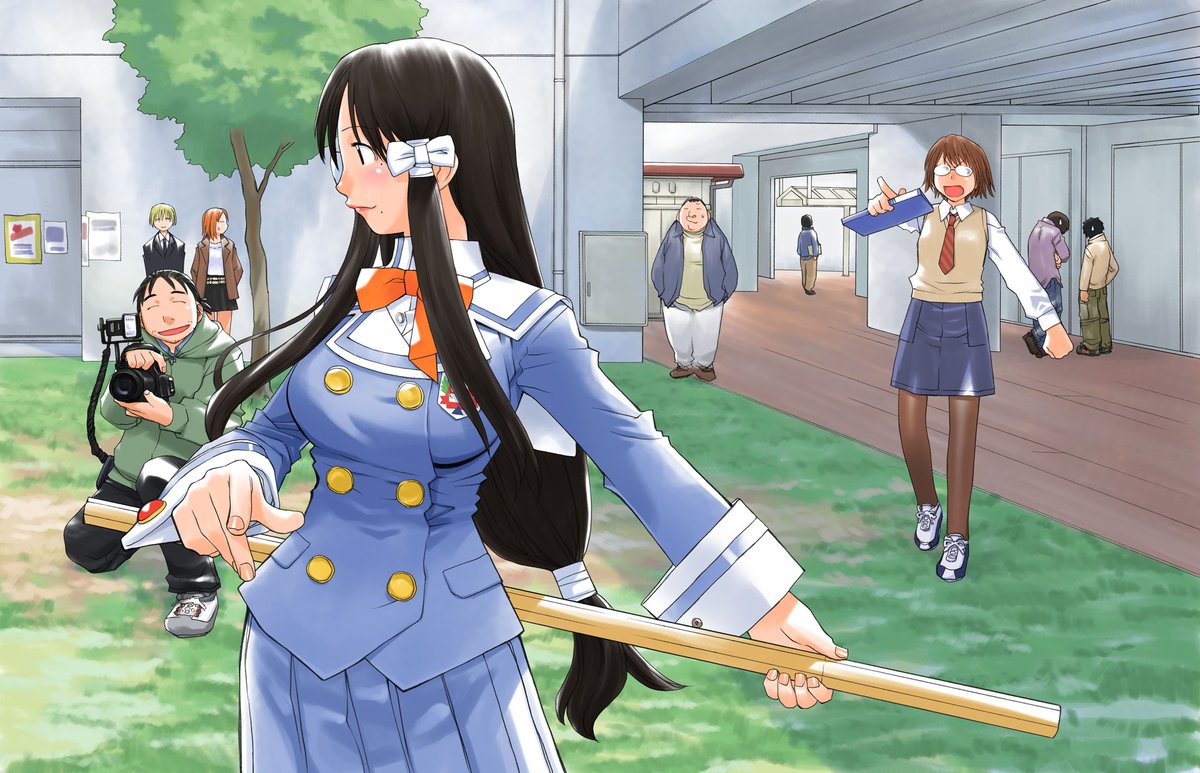 kio shimoku, kasukabe saki, kisaragi kasumi, kitagawa yurie, madarame harunobu, sasahara kanji, tanaka souichirou, genshiken, official art, 3girls, 6+boys, black skirt, blonde hair, blue jacket, bokken, breasts, brick floor, brown hair, brown jacket, brown pantyhose, camera, clipboard, collared shirt, cosplay, denim, denim skirt, fat, fat man, full body, glasses, grass, green shirt, hands in pocket, jacket, kisaragi kasumi (cosplay), kneeling, large breasts, long hair, looking to the side, low-tied long hair, mole, mole under eye, mole under mouth, multiple boys, multiple girls, necktie, opaque glasses, orange hair, outdoors, pantyhose, pointing, profile, red lips, running bond, school uniform, shiou university, shirt, shoes, short hair, skirt, smile, sneakers, sweatdrop, sword, tree, vest, weapon, white shirt, wooden sword