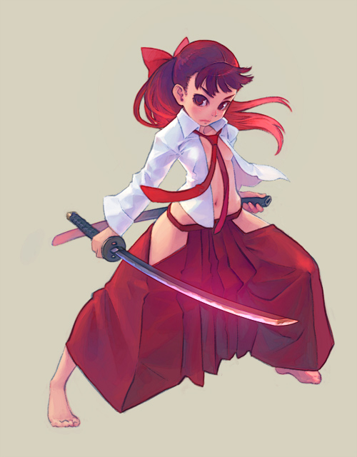 weno, original, 1girl, barefoot, female focus, hakama, hakama skirt, iaido, japanese clothes, katana, navel, necktie, no bra, no panties, open clothes, open shirt, red hair, red hakama, shirt, simple background, skirt, solo, sword, tiptoes, weapon