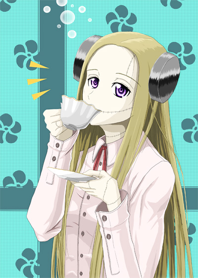 madaraki fran, franken fran, 1girl, blonde hair, bolt (hardware), cup, drinking, electrodes, female focus, long hair, purple eyes, scar, solo, stitches, tea, teacup