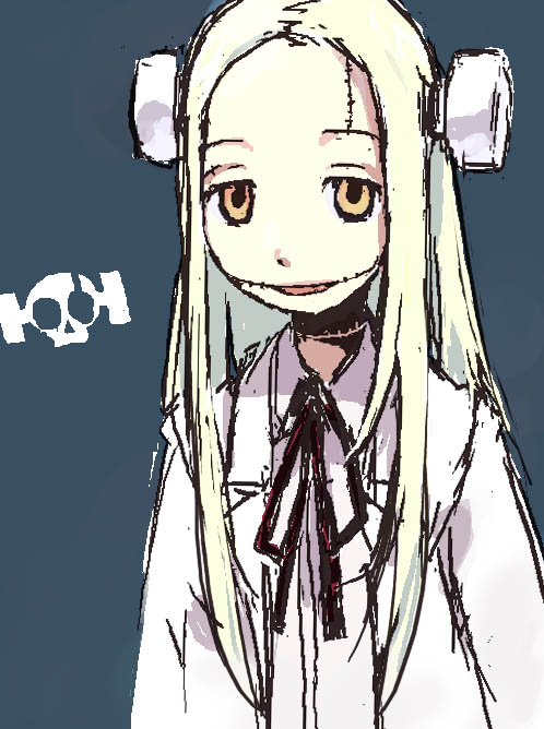 hashimoto shin, hong meiling, madaraki fran, franken fran, silver hair, 1girl, black ribbon, blonde hair, bolt (hardware), electrodes, female focus, grey background, lab coat, long hair, looking at viewer, open mouth, orange eyes, parted lips, ribbon, scar, simple background, solo, stitches, upper body, wrench, yellow eyes