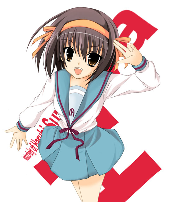 tomosuke, suzumiya haruhi, suzumiya haruhi no yuuutsu, 00s, brown eyes, brown hair, hairband, school uniform, serafuku, smile, solo