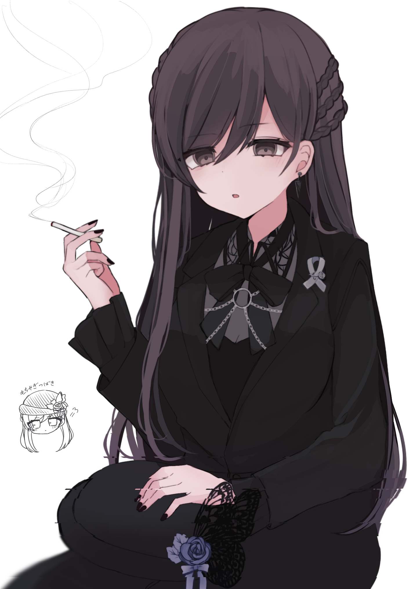 aoyagi tsubaki, d4dj, highres, 1girl, black bow, black eyes, black hair, black hat, black nails, blazer, bow, bowtie, braid, butterfly hat ornament, buttons, cigarette, collared shirt, double-breasted, earrings, flower, frilled sleeves, frills, glitch, hair between eyes, half up braid, hand on own hat, harness, hat, hat flower, hat ornament, holding, holding cigarette, jacket, jewelry, lapel pin, long hair, long sleeves, nail polish, o-ring, o-ring harness, parted bangs, shirt, sitting, smoke, smoking, solo, straight hair, unworn hat, unworn headwear, user vykj3845, very long hair, white background