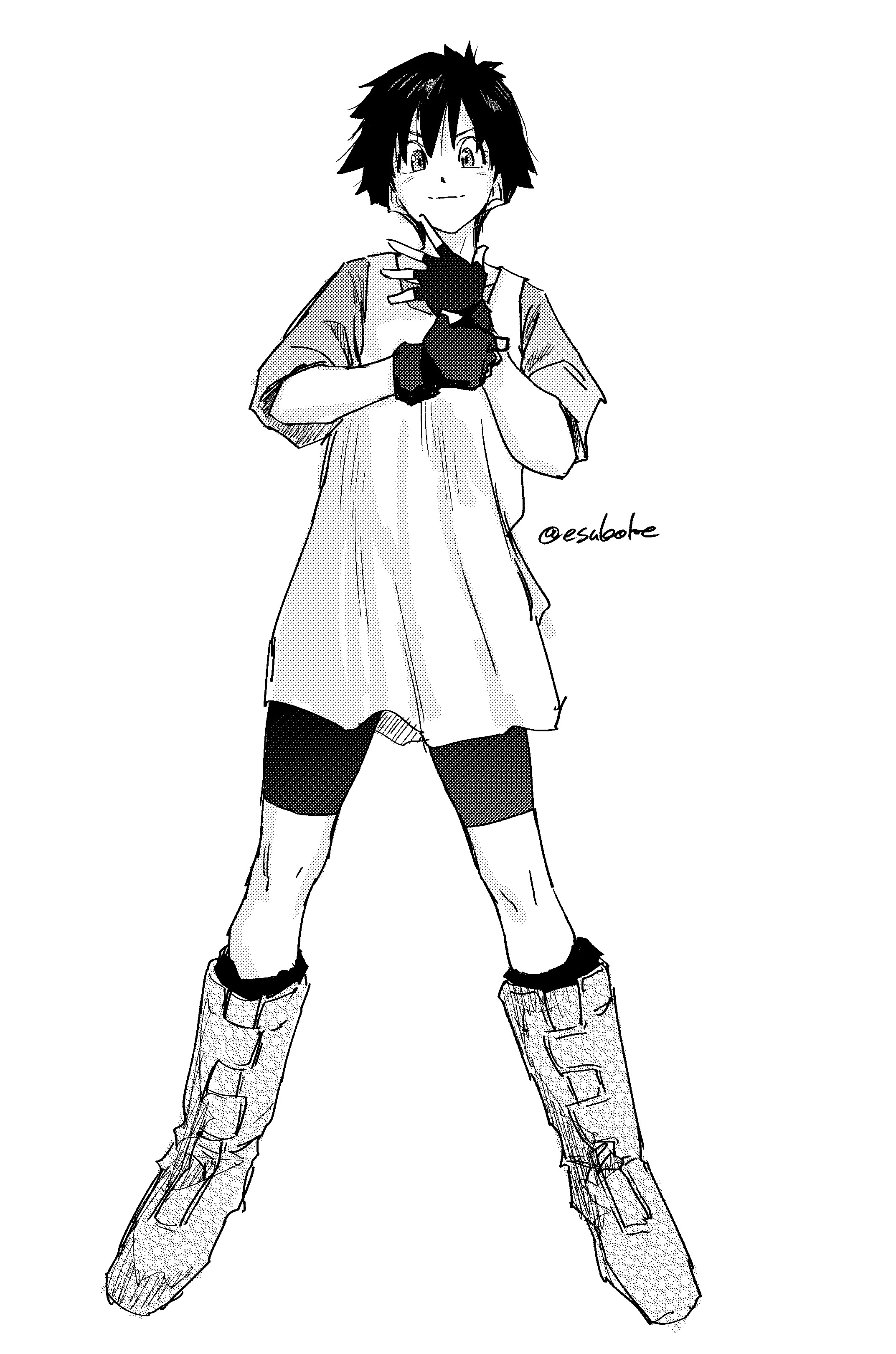 eisuke (gobangai hole boys), videl, dragon ball, dragonball z, absurdres, highres, 1girl, bike shorts, closed mouth, fingerless gloves, full body, gloves, greyscale, looking at viewer, monochrome, shirt, short hair, simple background, smile, solo, white background, white shirt