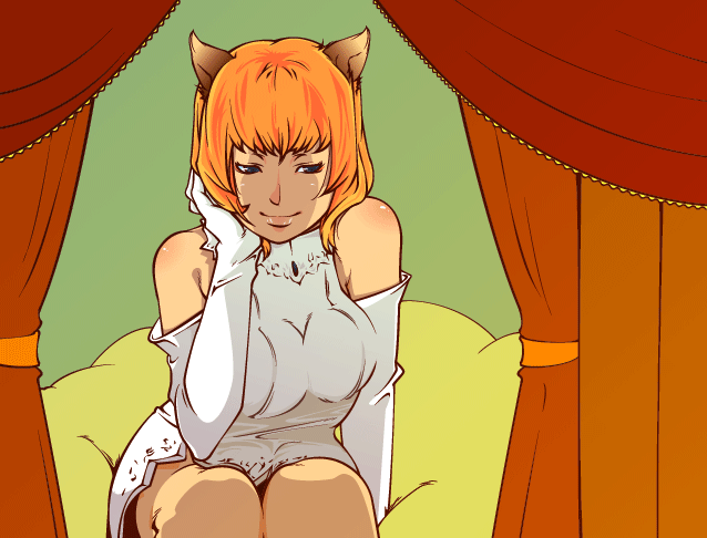 kururi, mithra (ff11), final fantasy, final fantasy xi, bad id, bad pixiv id, 00s, 1girl, animal ears, breasts, dress, elbow gloves, female focus, gloves, indoors, orange hair, short hair, sitting, smile, solo, wedding dress