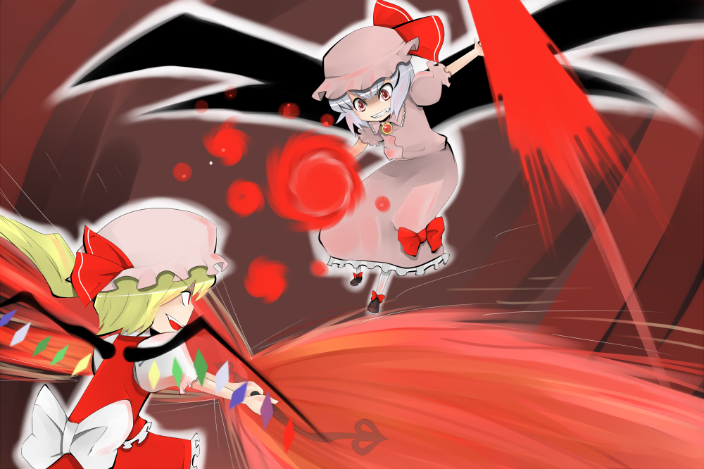 doku corne, flandre scarlet, remilia scarlet, touhou, bad id, bad pixiv id, 2girls, blonde hair, blue hair, brooch, danmaku, female focus, flying, food, hat, jewelry, laevatein, mob cap, multiple girls, pocky, polearm, red eyes, ribbon, short hair, siblings, sisters, spear, spear the gungnir, weapon, wings