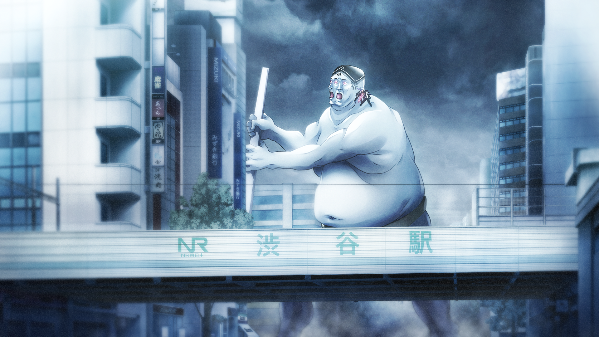 sasaki mutsumi, kazuki hana, miyashiro takuru, chaos;child, science adventure, game cg, highres, non-web source, official art, 1boy, 1girl, 1other, black hair, black jacket, blue skin, building, city, colored skin, d-sword, fat, fat man, giant, grey sky, hekiho academy school uniform, jacket, monster, navel, open mouth, purple eyes, school uniform, shibuya (tokyo), sky, standing, sumo, sumo sticker (chaos;child), tokyo (city), wide-eyed