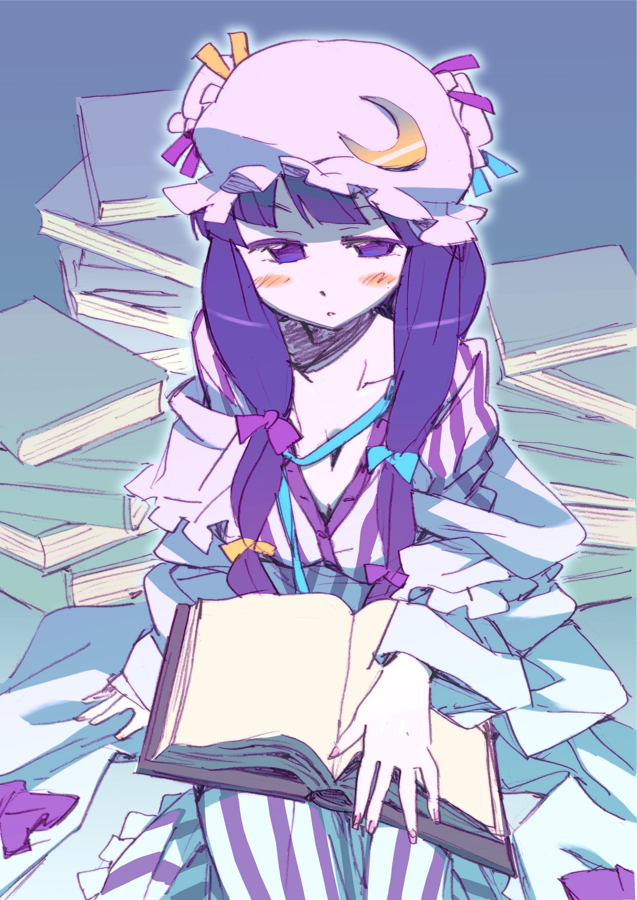 katou haruaki, patchouli knowledge, touhou, highres, 1girl, blush, book, bow, breasts, cleavage, female focus, hair ribbon, hat, long hair, medium breasts, pink bow, purple eyes, purple hair, ribbon, sitting, solo