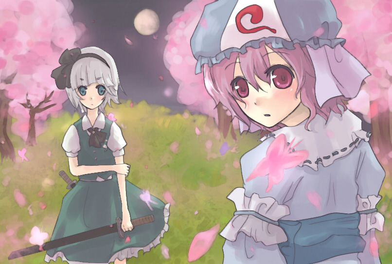 cherrying, fuji fujino, sakura (cherrying), konpaku youmu, saigyouji yuyuko, touhou, silver hair, bad id, bad pixiv id, 2girls, bug, butterfly, cherry blossoms, female focus, full moon, hairband, hat, japanese clothes, katana, kimono, moon, multiple girls, petals, pink hair, purple eyes, purple hair, ribbon, short hair, sword, weapon
