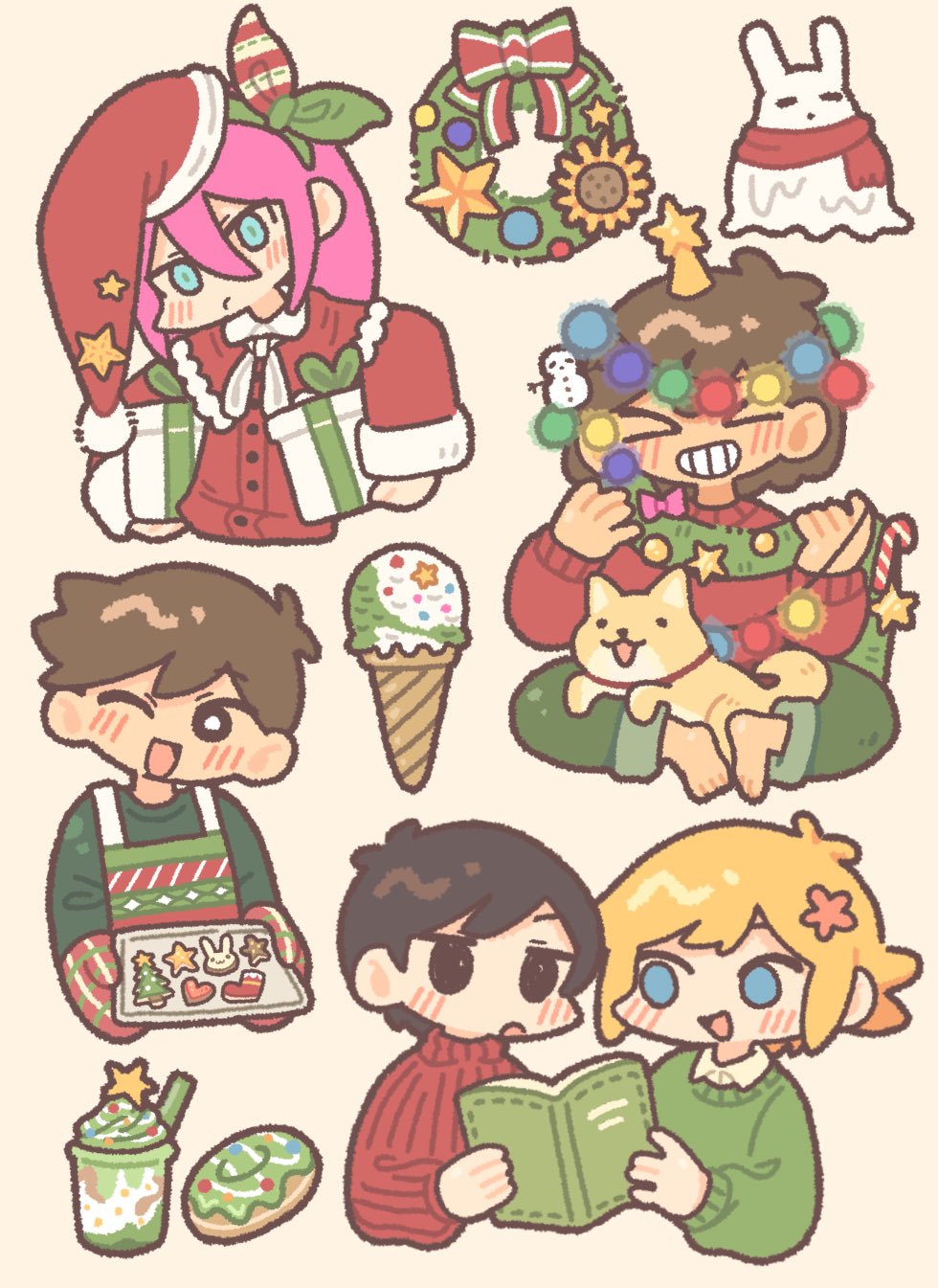 nikudango, aubrey (faraway) (omori), aubrey (omori), basil (faraway) (omori), basil (omori), hector (omori), hero (faraway) (omori), hero (omori), kel (faraway) (omori), kel (omori), sunny (omori), omori, highres, > <, 1girl, 4boys, :d, alternate costume, alternate eye color, antenna hair, apron, barefoot, black eyes, black hair, blonde hair, blue eyes, blush, book, box, bright pupils, brothers, brown hair, chibi, chibi only, christmas lights, christmas sweater, christmas wreath, closed mouth, collared shirt, cup, dark-skinned male, dark skin, dog, donut, double-parted bangs, drinking straw, flower, food, gift, gift box, green hairband, green sweater, grey background, grin, hair between eyes, hair flower, hair ornament, hairband, hat, holding, holding book, holding gift, ice cream, ice cream cone, long hair, long sleeves, looking at another, multiple boys, one eye closed, open mouth, oven mitts, pink hair, red hat, red scarf, red sweater, ribbed sweater, santa costume, santa hat, scarf, shirt, shirt under sweater, short hair, siblings, simple background, sitting, smile, sweater, teeth, turtleneck, turtleneck sweater, white pupils, white shirt, wreath, xd