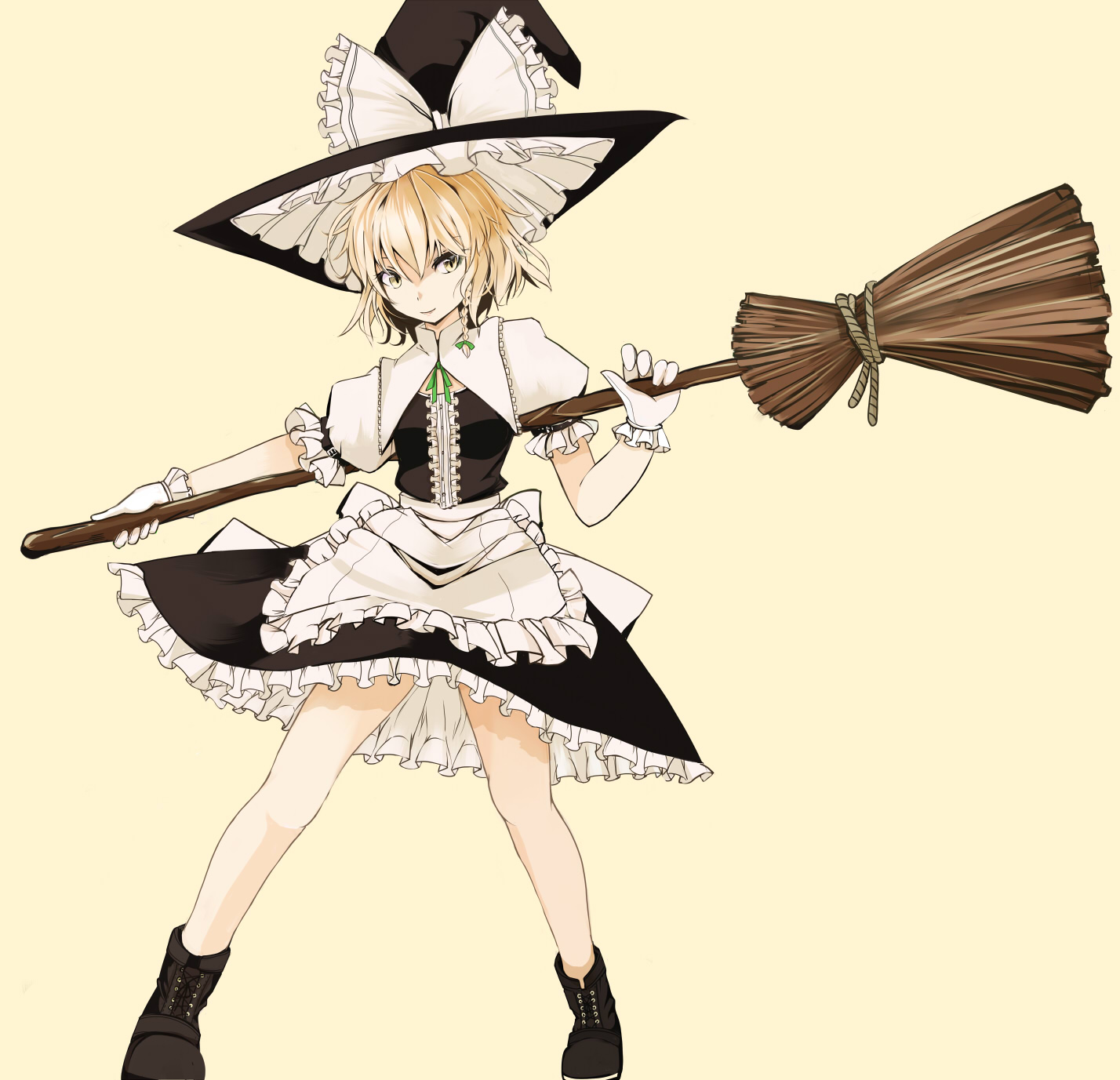 takaharu, kirisame marisa, touhou, bad id, bad pixiv id, highres, 1girl, blonde hair, boots, braid, broom, female focus, gloves, hat, long hair, ribbon, simple background, solo, witch, witch hat, yellow eyes