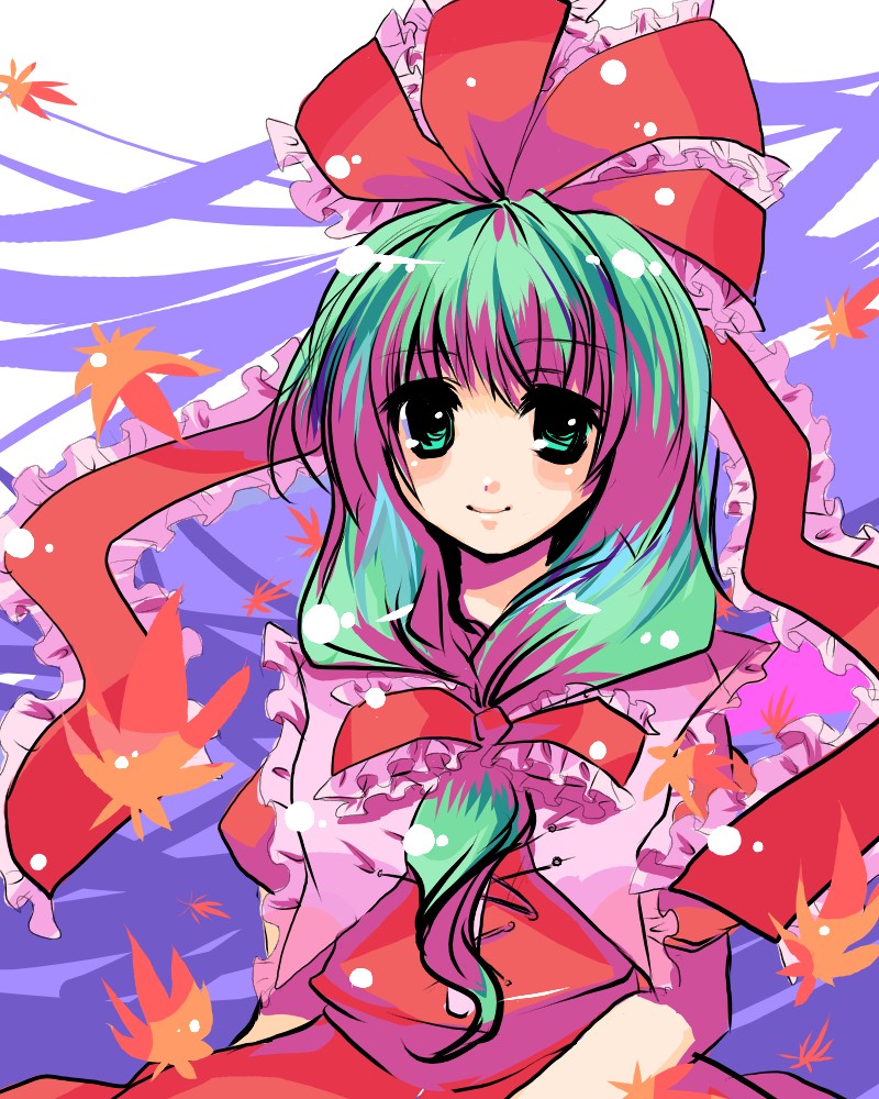 kobanzame, kagiyama hina, touhou, bad id, bad pixiv id, 1girl, autumn, female focus, front ponytail, green eyes, green hair, hair ribbon, leaf, long hair, matching hair/eyes, ribbon, solo
