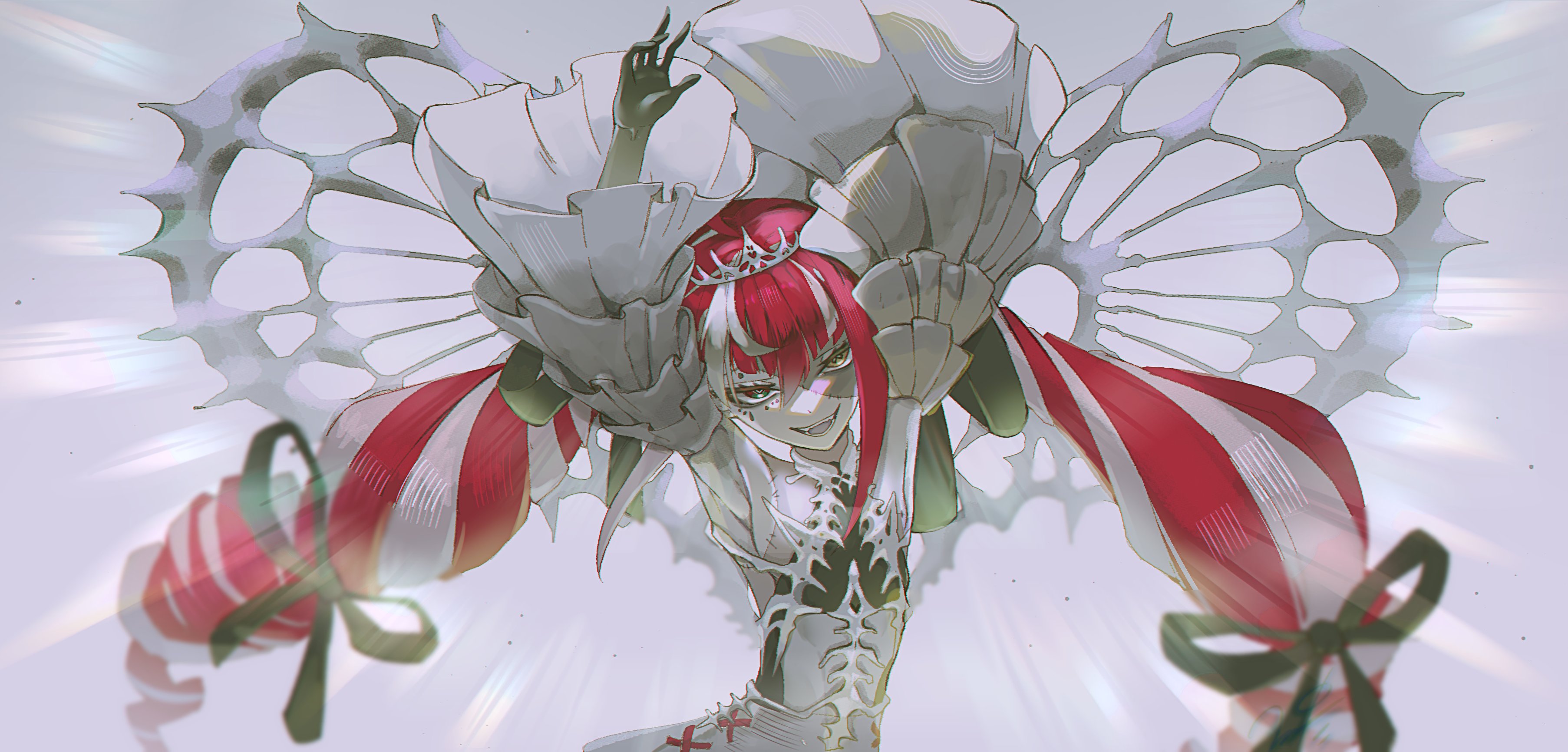 insfidelie, kureiji ollie, kureiji ollie (rebirth), hololive, hololive indonesia, absurdres, highres, 1girl, arms up, breasts, colored skin, drill hair, grey background, grey skin, heterochromia, long hair, low-tied long hair, red hair, small breasts, stitched face, stitches, tiara, twin drills, virtual youtuber, wide sleeves