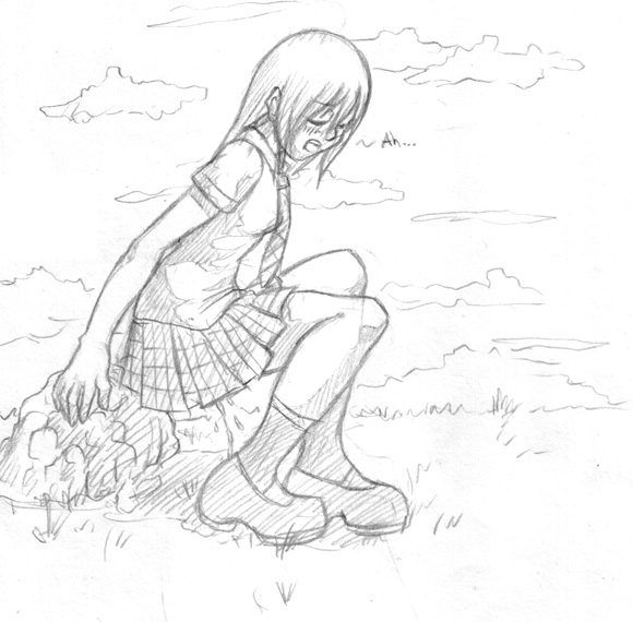 kairi (shery rakuura), kingdom hearts, blush, monochrome, peeing, school uniform, serafuku, skirt