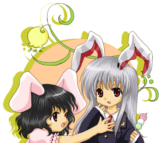 lco, inaba tewi, reisen udongein inaba, touhou, silver hair, bad id, bad pixiv id, 2girls, animal ears, black hair, female focus, long hair, multiple girls, rabbit ears, red eyes, short hair, upper body, white background