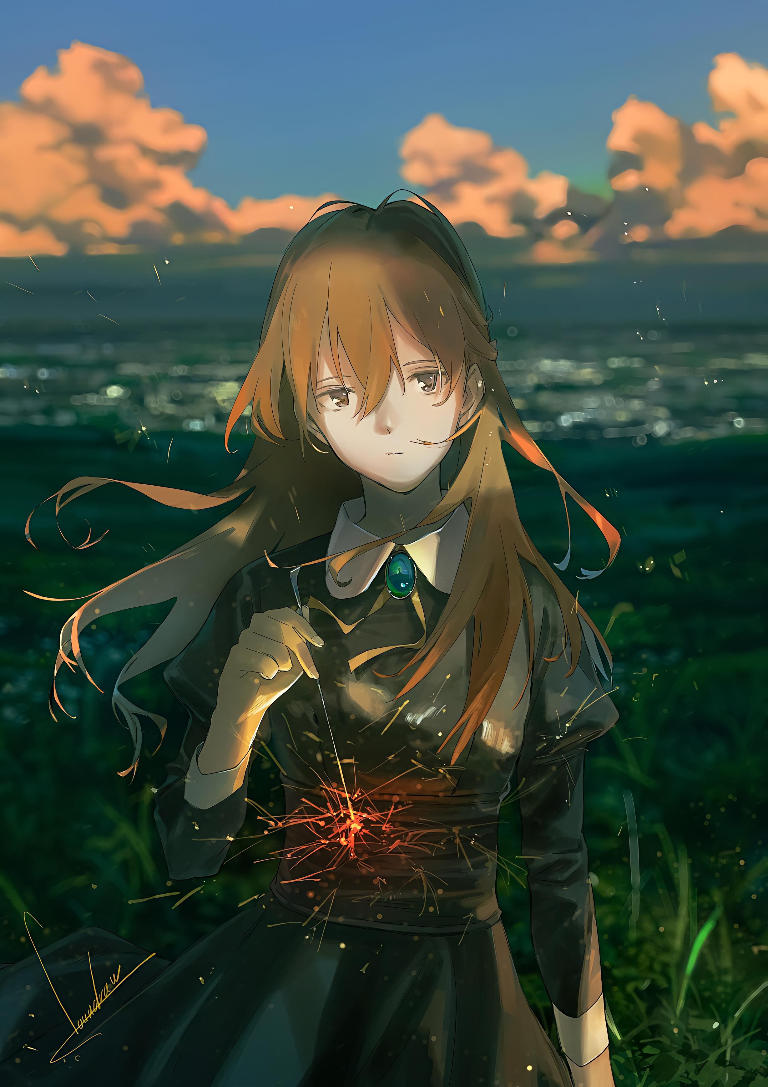 1girl, brown hair, city lights, female focus, full body, harukawa aoi, long hair, night, sad, sky, summer ghost