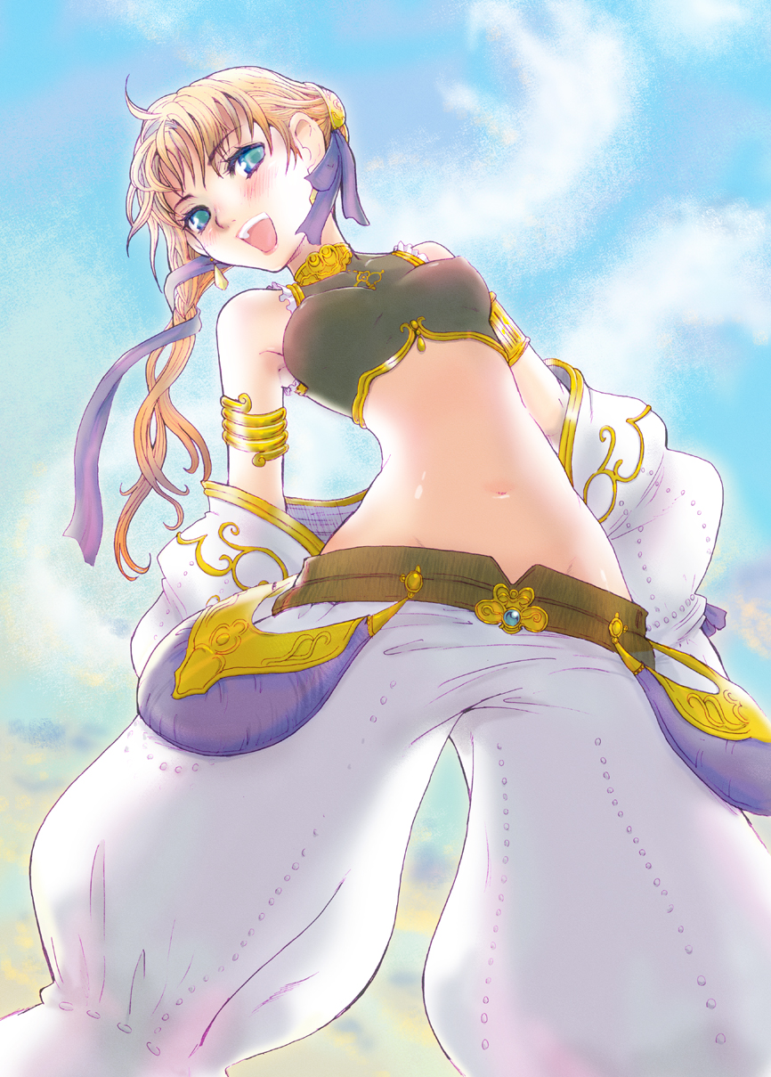 oxoxox, afumau (final fantasy), final fantasy, final fantasy xi, highres, 00s, 1girl, armlet, baggy pants, blonde hair, blue eyes, blush, cloud, day, detached sleeves, female focus, happy, hume, jewelry, long hair, midriff, outdoors, pants, sky, solo