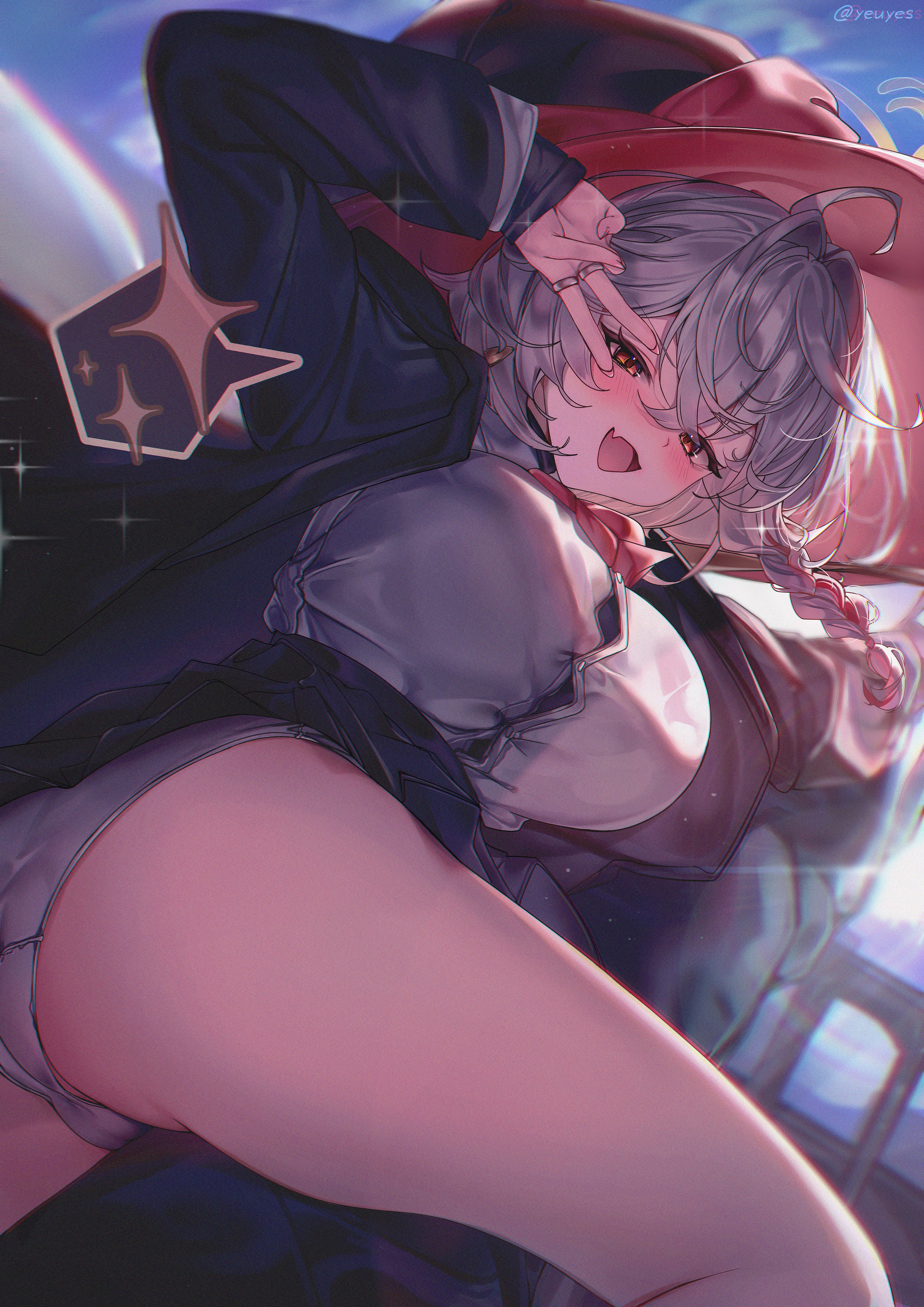 yeuyes, eri (blue archive), blue archive, absurdres, highres, 1girl, ass, black skirt, blush, breasts, clothes lift, hair between eyes, hat, jacket, jewelry, large breasts, long sleeves, looking at viewer, multiple rings, open mouth, panties, pantyshot, pleated skirt, ring, shirt, side halo, skirt, skirt lift, smile, solo, two-sided fabric, two-sided headwear, unbuttoned jacket, underwear, white shirt, witch hat
