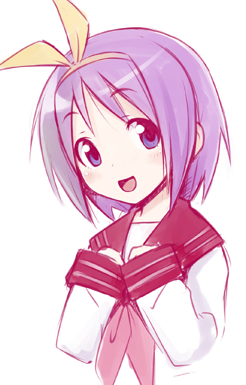ha-ru, hiiragi tsukasa, lucky star, bad id, bad pixiv id, 00s, hair ribbon, happy, purple hair, ribbon, school uniform, serafuku, short hair, sketch, solo