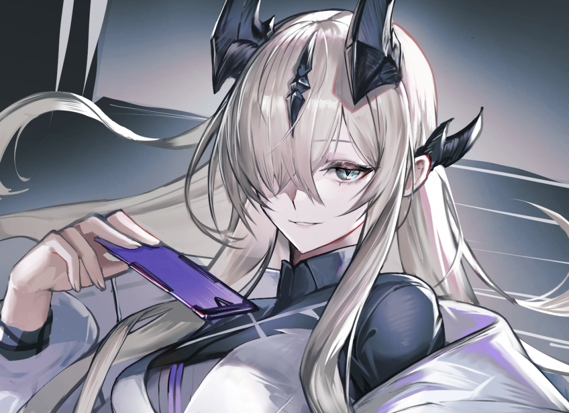 hiyaori (hiyahiyaval), necrass (arknights), arknights, 1girl, black horns, black shirt, blue eyes, collared shirt, grey hair, hair over one eye, holding, horns, jacket, long hair, long sleeves, off shoulder, one eye covered, portrait, shirt, smile, solo, white jacket
