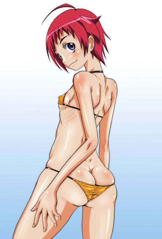 hirokawa kouichirou, souya akira, dragonaut, 00s, 1girl, ahoge, ass, back, bikini, butt crack, female focus, flat chest, looking back, lowleg, lowleg bikini, orange bikini, red hair, ribs, short hair, simple background, smile, solo, string bikini, swimsuit
